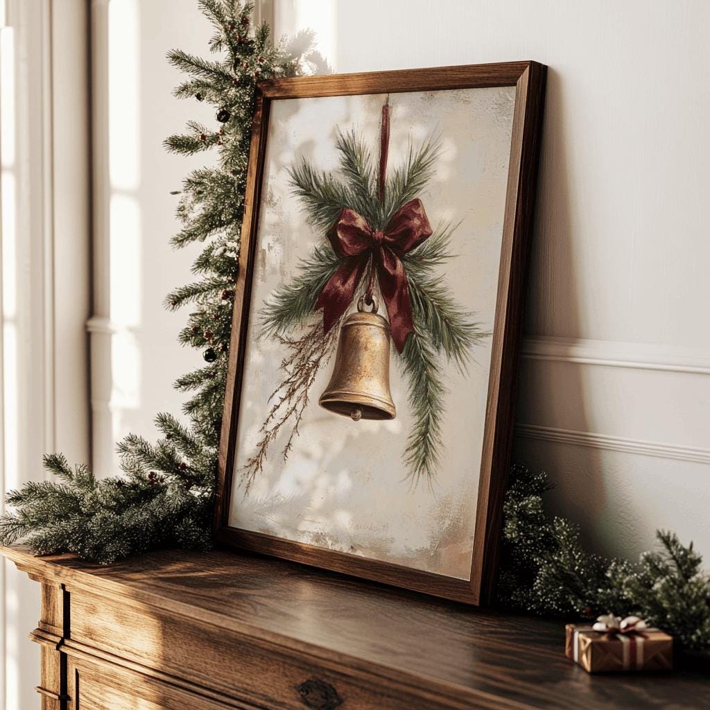 Christmas Bell Print Neutral Rustic Holiday Wall Art - Digital Download