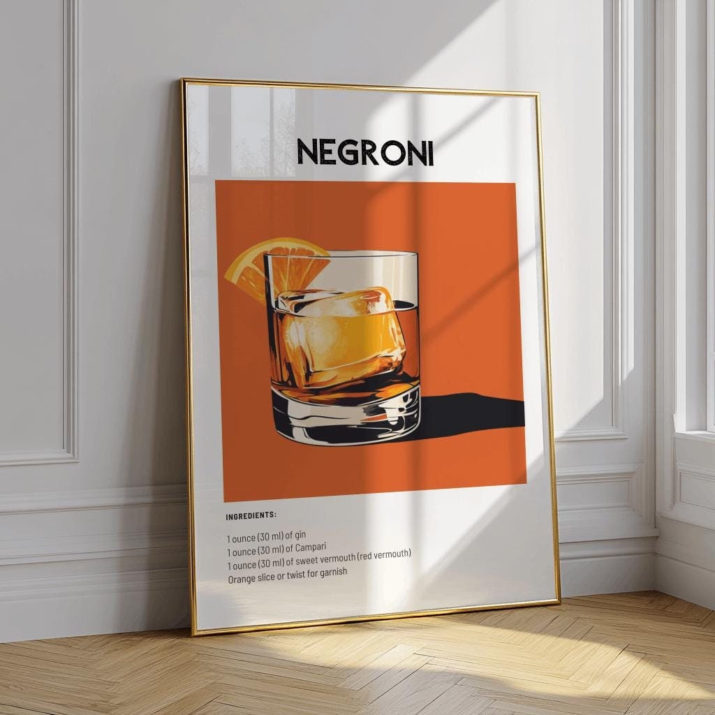 Classic Negroni Cocktail Poster Vintage Retro Bar Wall Art - Digital Download