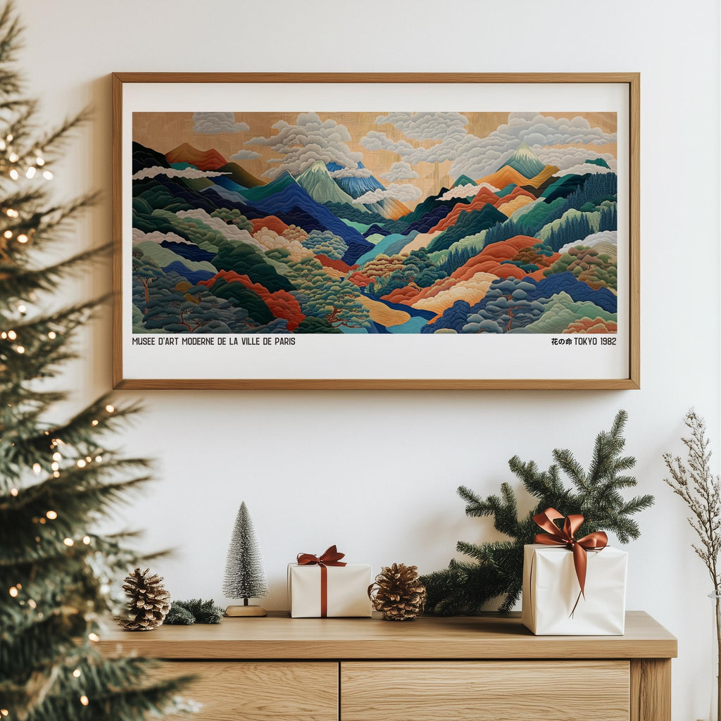 Japanese Mountainscape Art Print Abstract Polka Dot Landscape - Digital Download