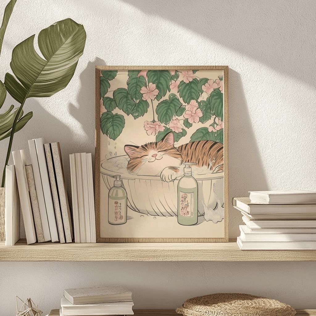 Tabby Cat in Bathtub Art Print Japanese Bathroom Decor - Digital Download