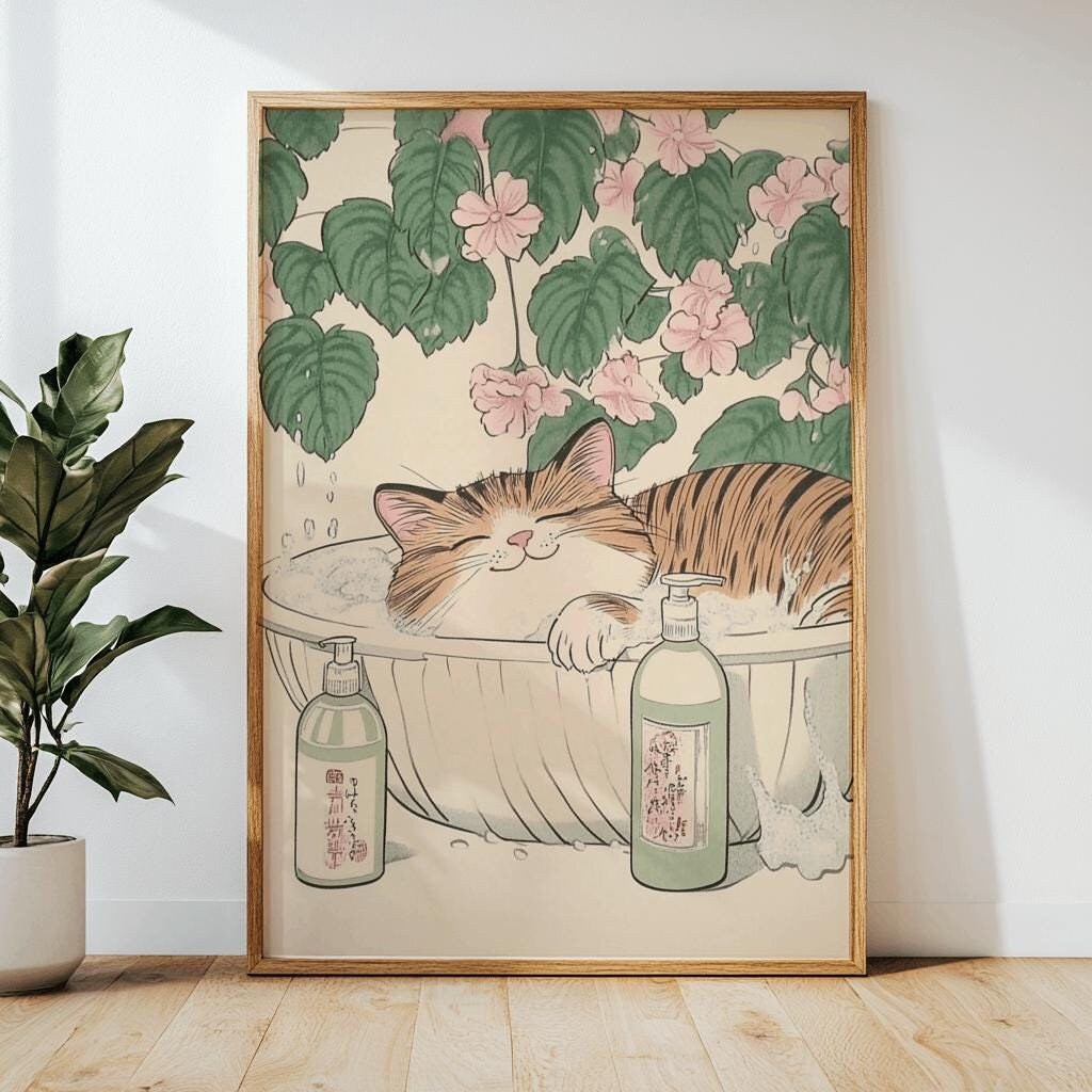 Tabby Cat in Bathtub Art Print Japanese Bathroom Decor - Digital Download