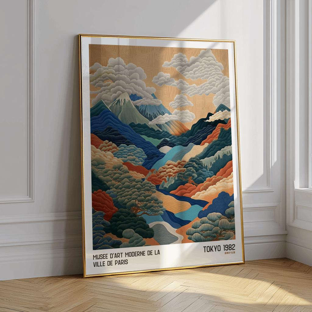 Japanese Mountain Art Print Abstract Polka Dot Landscape - Digital Download