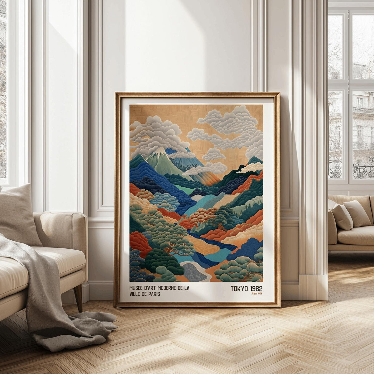 Japanese Mountain Art Print Abstract Polka Dot Landscape - Digital Download