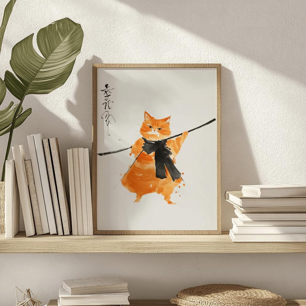 Japanese Cat Samurai Poster Vintage Wall Art - Digital Download