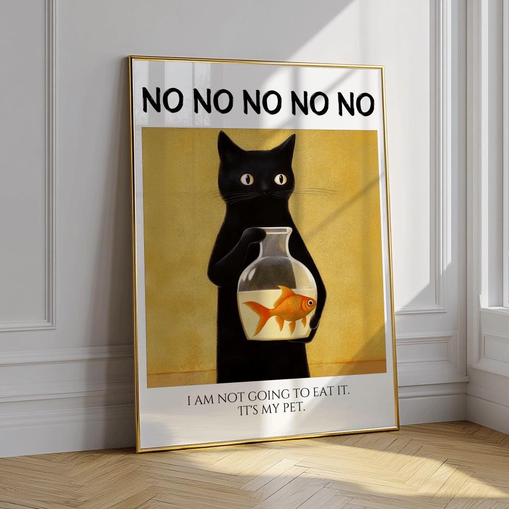 Fun Black Cat Poster Cute Kitten Illustration Wall Art - Digital Download
