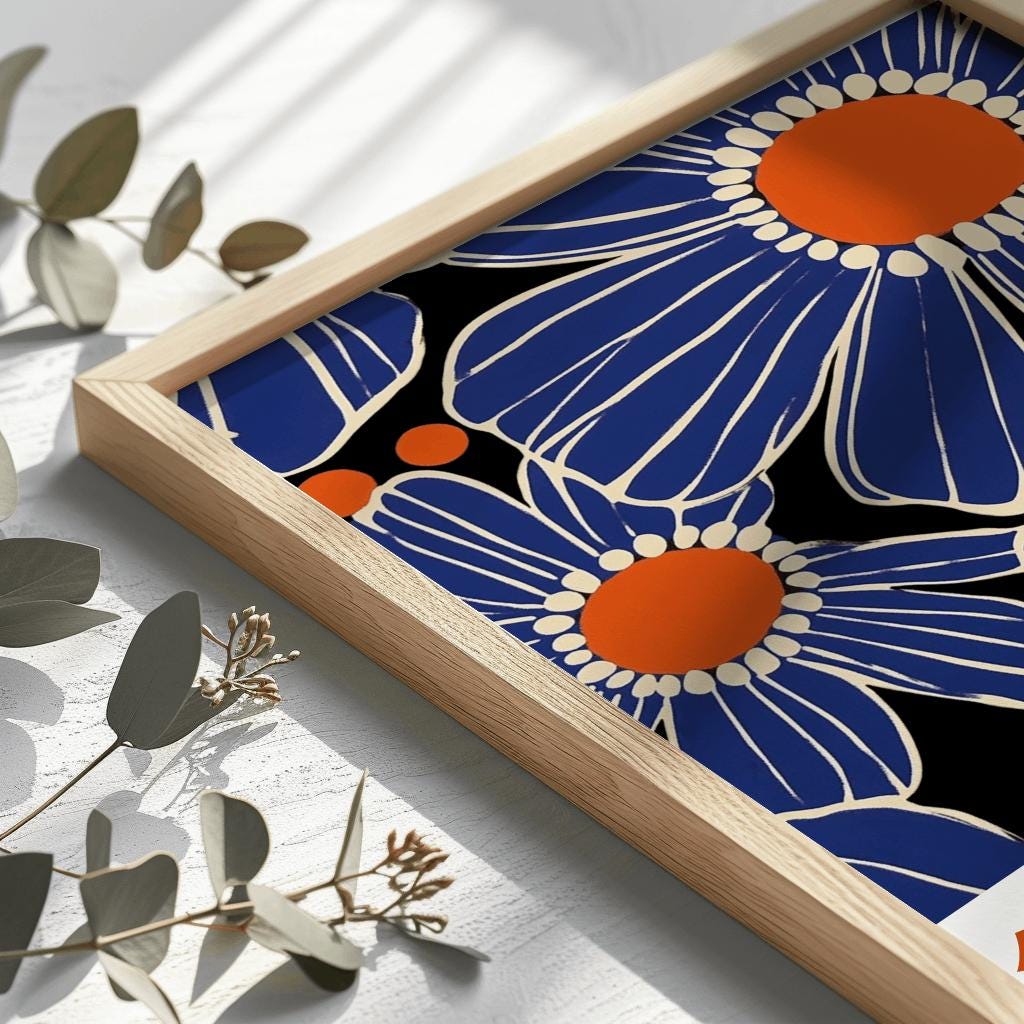 Japanese Floral Art Print Blue Flower Poster - Digital Download