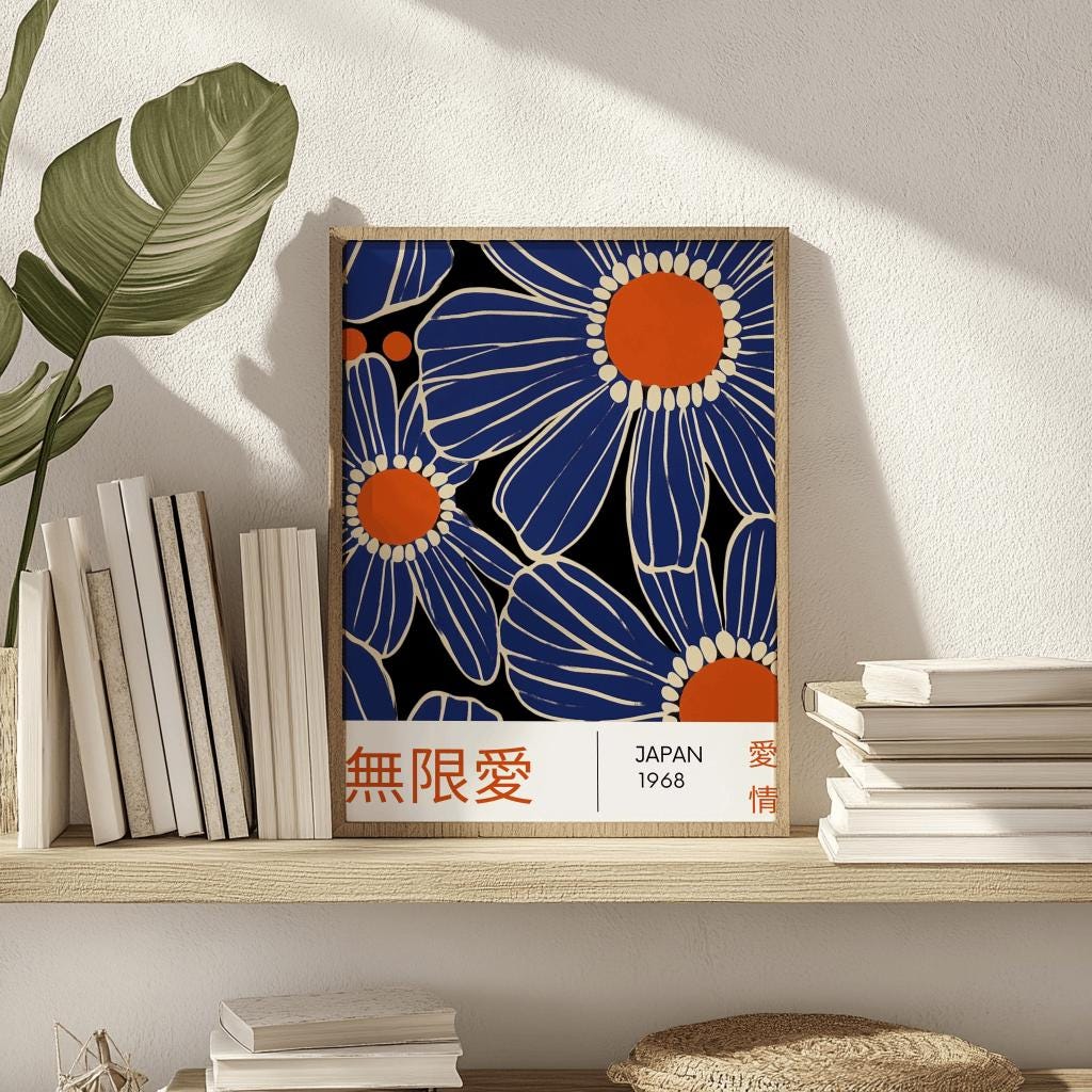 Japanese Floral Art Print Blue Flower Poster - Digital Download