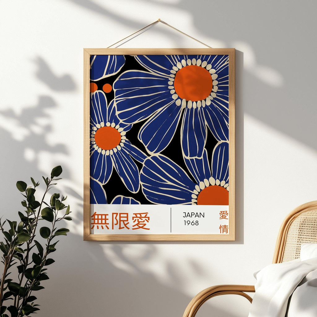 Japanese Floral Art Print Blue Flower Poster - Digital Download