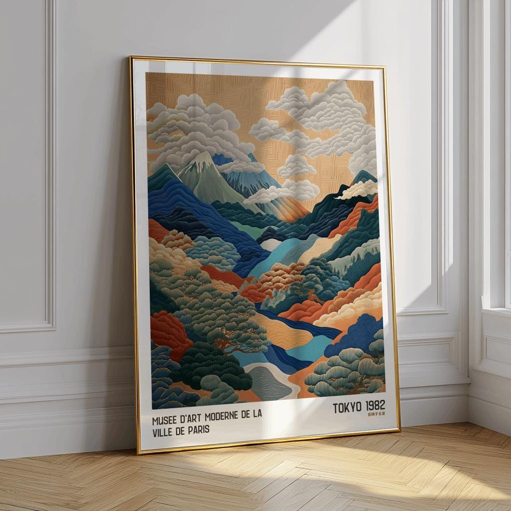 Japanese Mountain Art Print Abstract Polka Dot Landscape - Digital Download