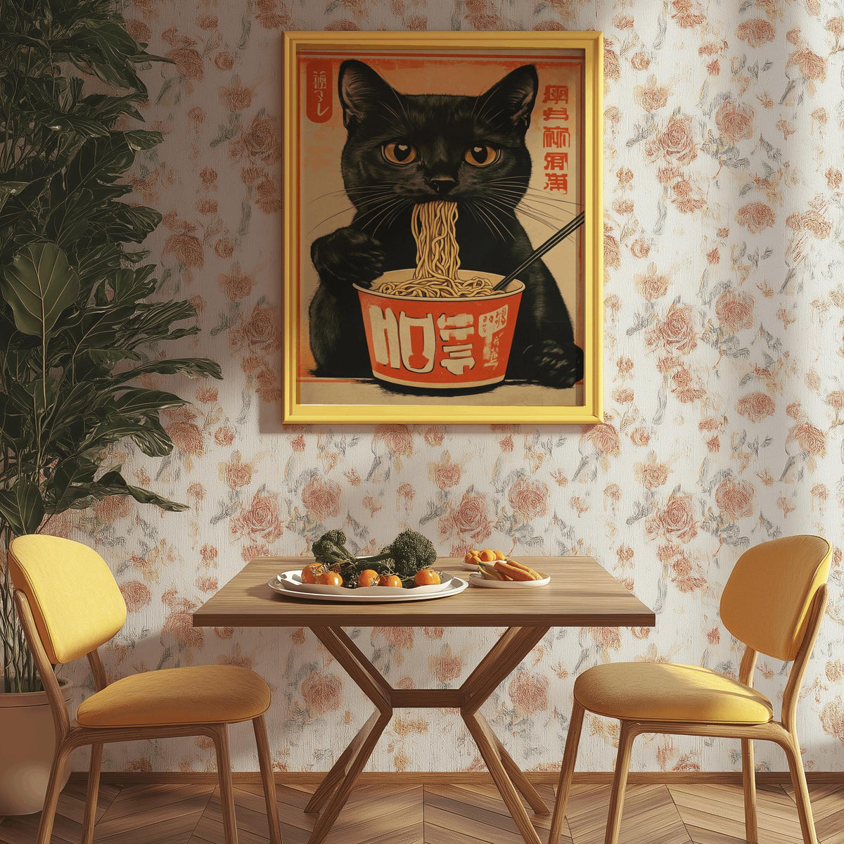 Black Cat Ramen Print Japanese Kitchen Wall Art - Digital Download