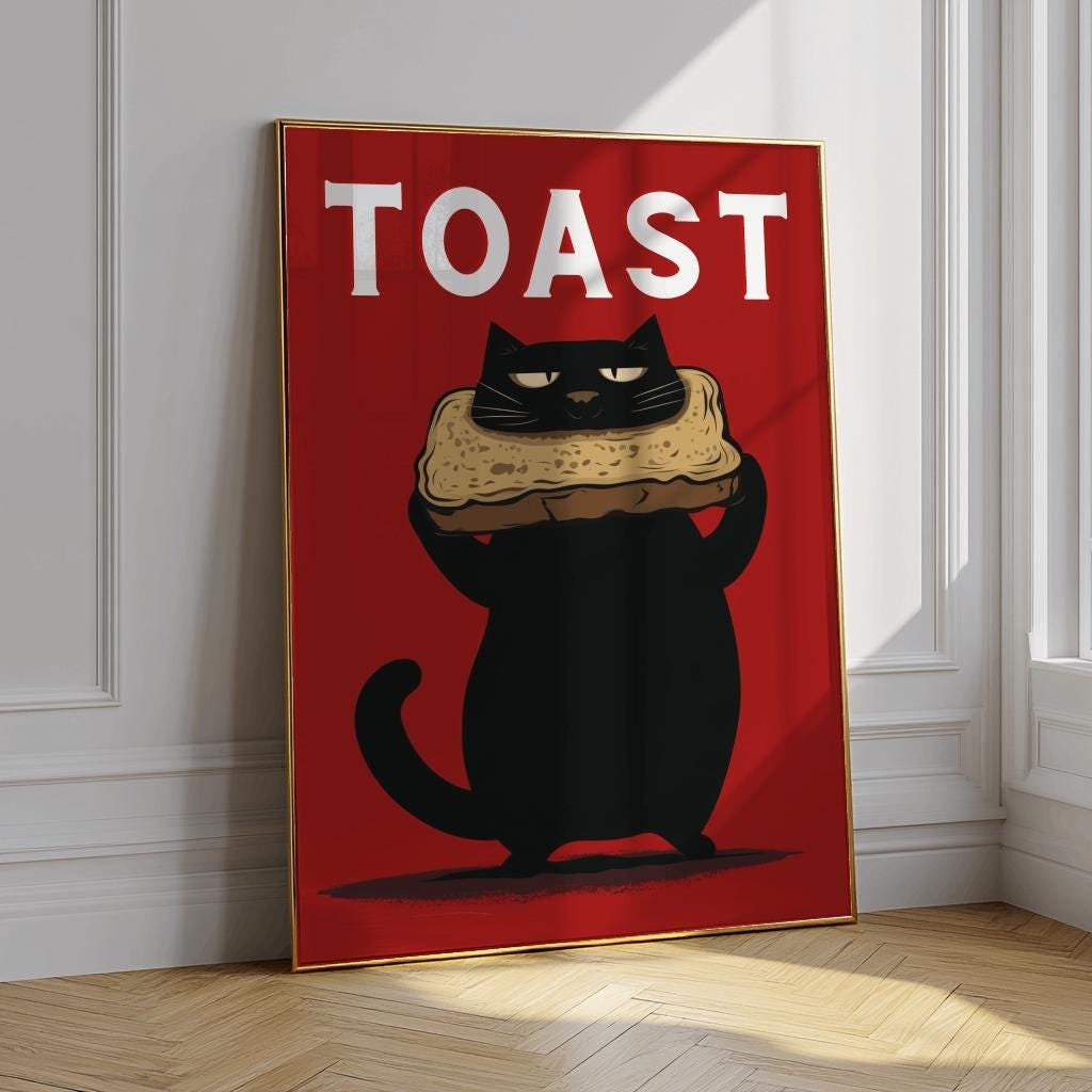 Funny Black Cat Toast Print Whimsical Kitchen Wall Art - Digital Download