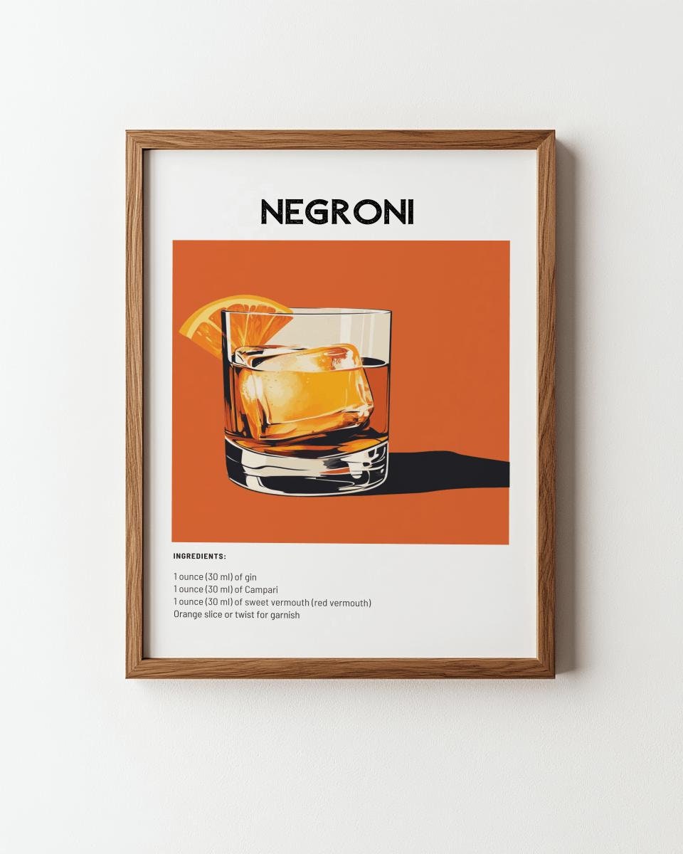 Classic Negroni Cocktail Poster Vintage Retro Bar Wall Art - Digital Download