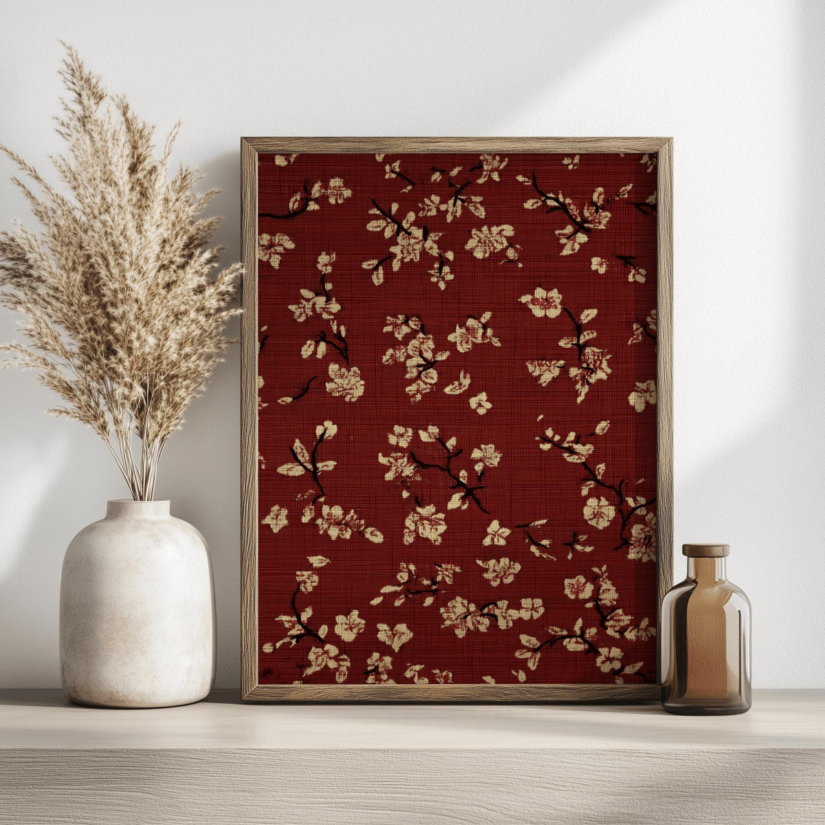 Burgundy Floral Poster Dark Red Beige Tapestry Wall Art - Digital Download