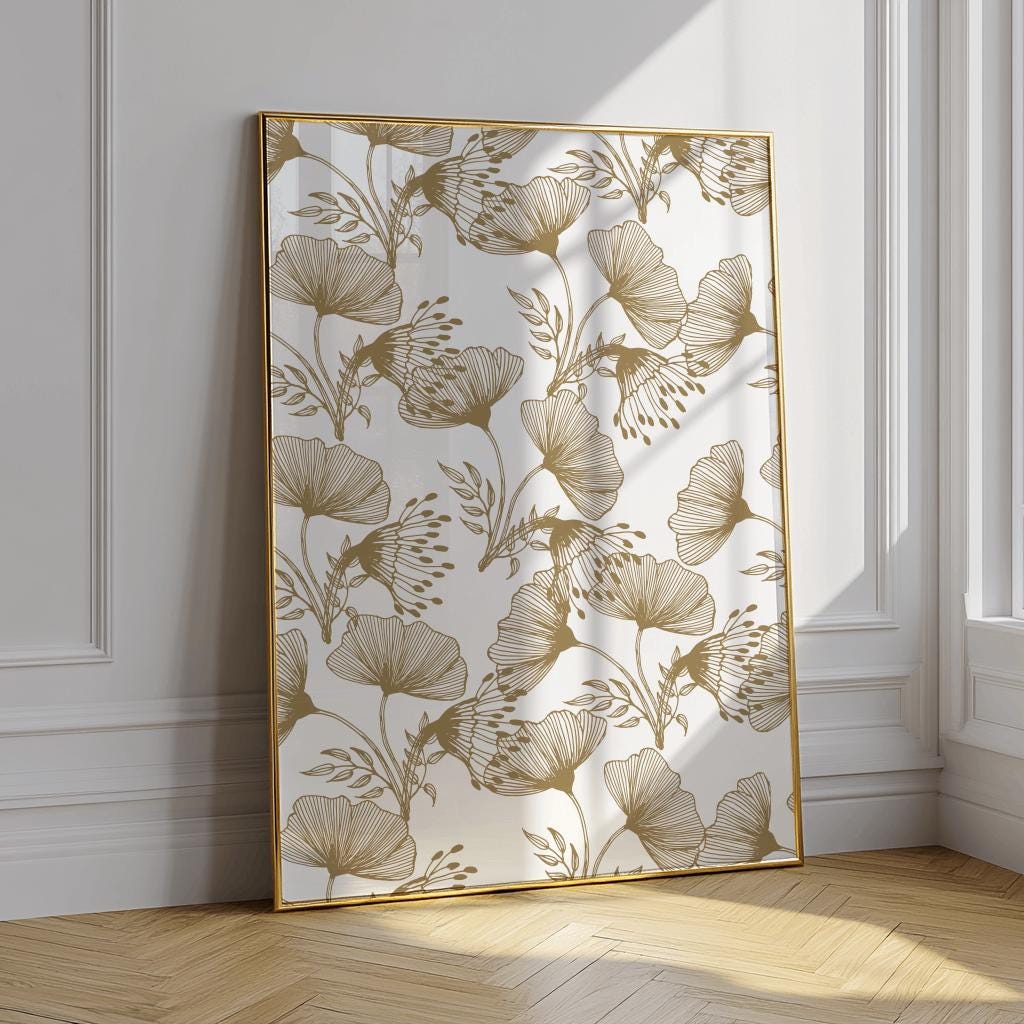 Beige Floral Tapestry Art Print Vintage Textile Wall Decor - Digital Download