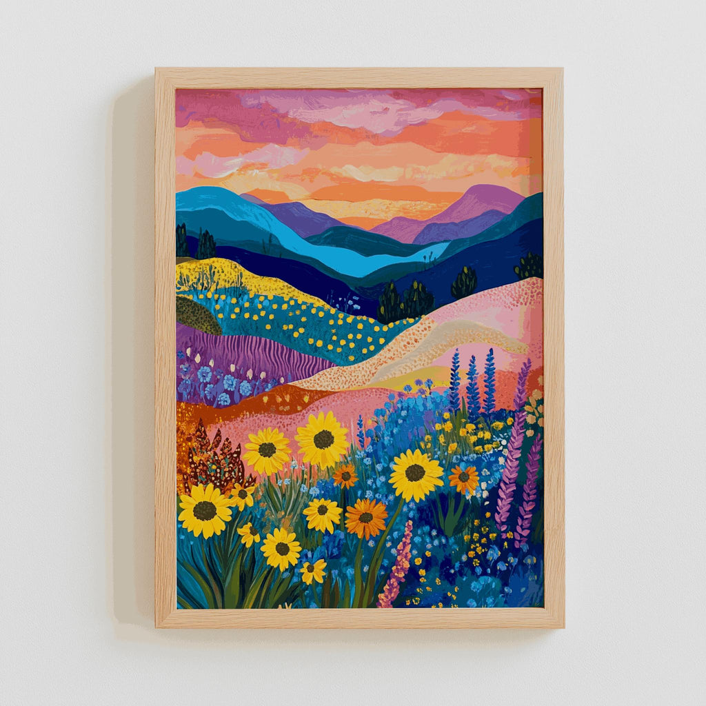 Colorful Mountain Floral Art Print Abstract Patchwork Wall Art - Digital Download