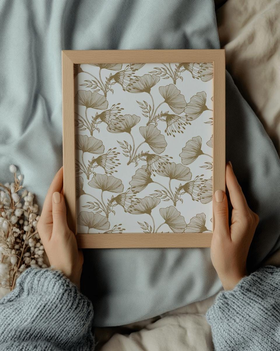 Beige Floral Tapestry Art Print Vintage Textile Wall Decor - Digital Download