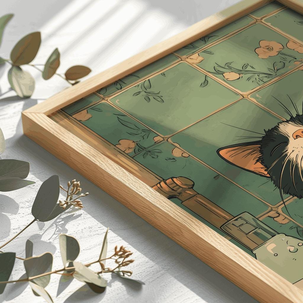 Black Cat in Bathtub Print Japanese Bathroom Wall Art - Digital Download