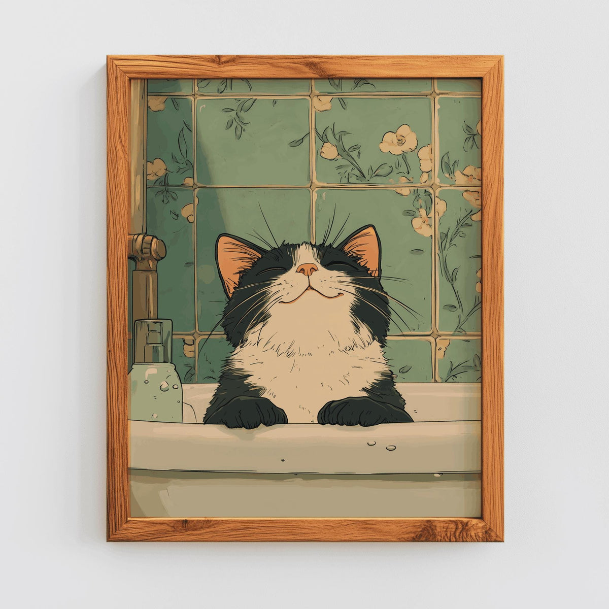 Black Cat in Bathtub Print Japanese Bathroom Wall Art - Digital Download