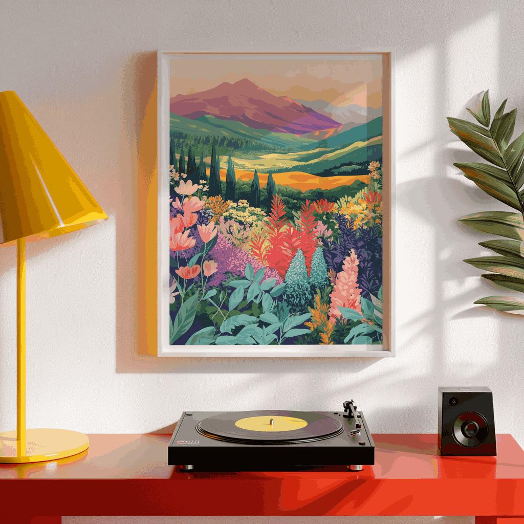 Mountain Floral Landscape Art Print Retro Wildflowers - Digital Download
