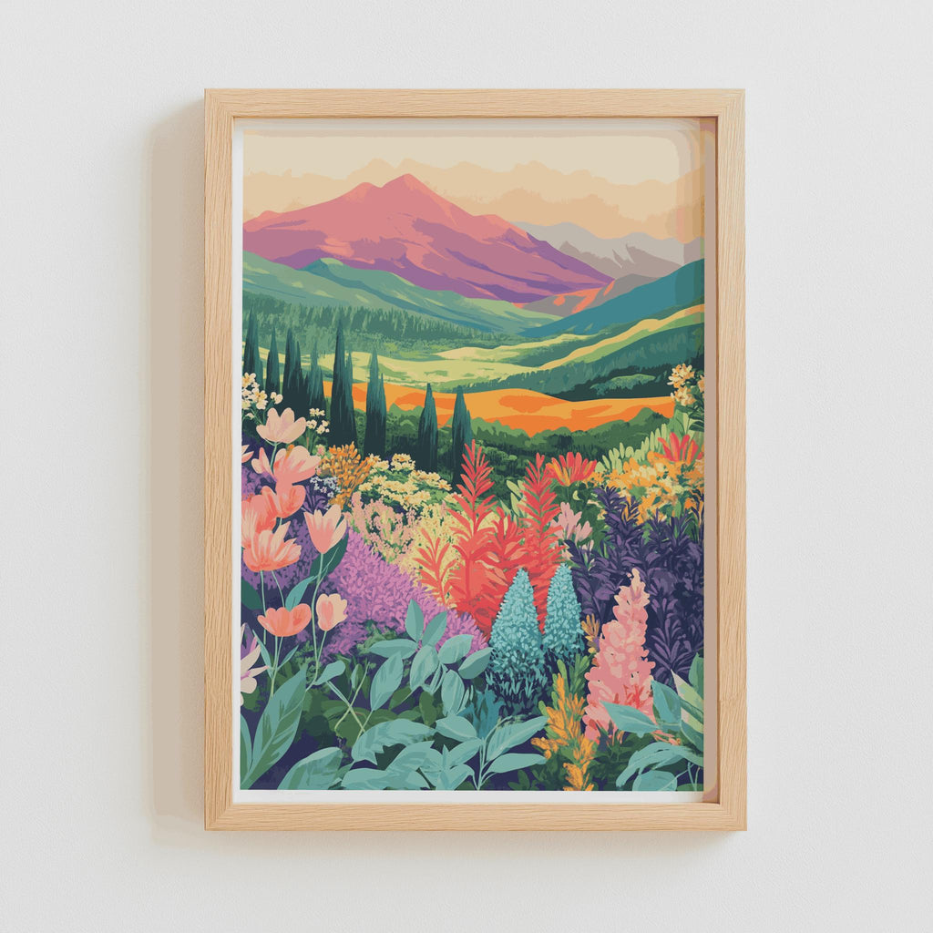 Mountain Floral Landscape Art Print Retro Wildflowers - Digital Download