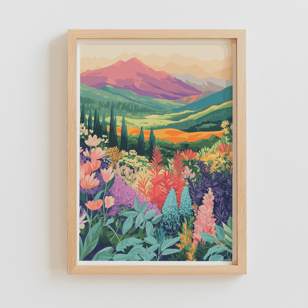 Mountain Floral Landscape Art Print Retro Wildflowers - Digital Download