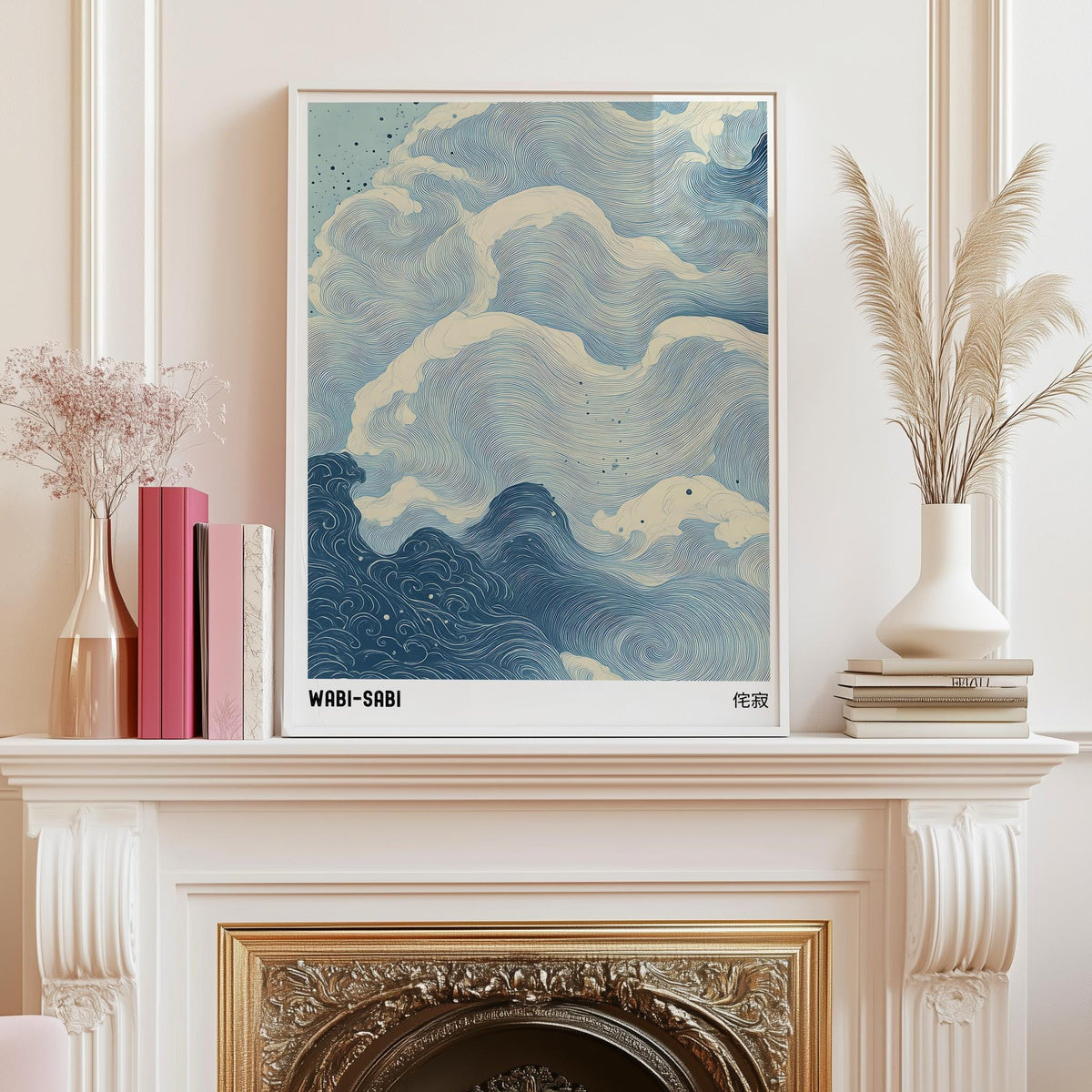 Blue Waves Japandi Art Print Wabi Sabi Japanese Poster - Digital Download