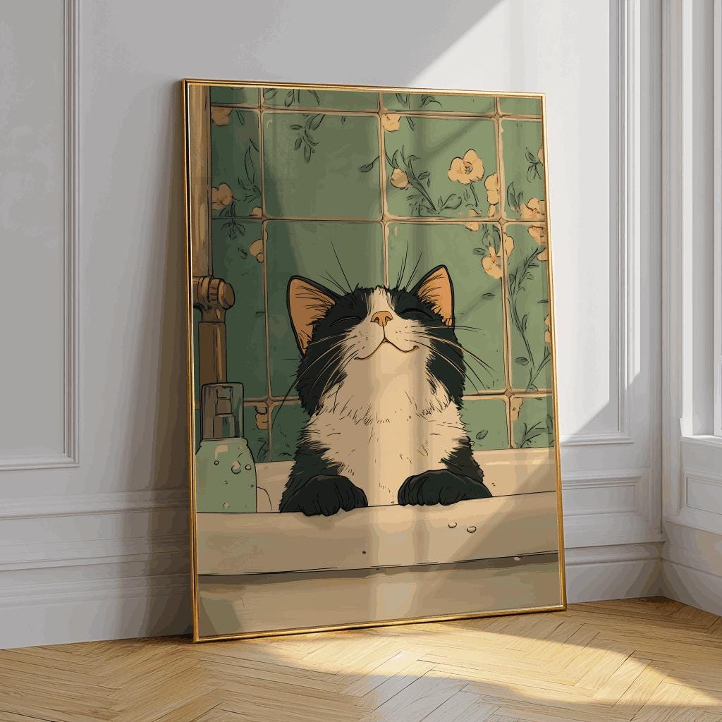 Black Cat in Bathtub Print Japanese Bathroom Wall Art - Digital Download