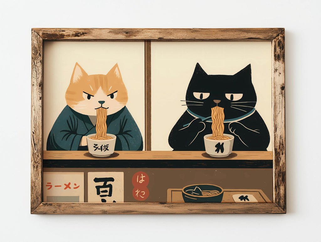 Retro Japanese Cat Ramen Poster Quirky Kitchen Wall Art - Digital Download