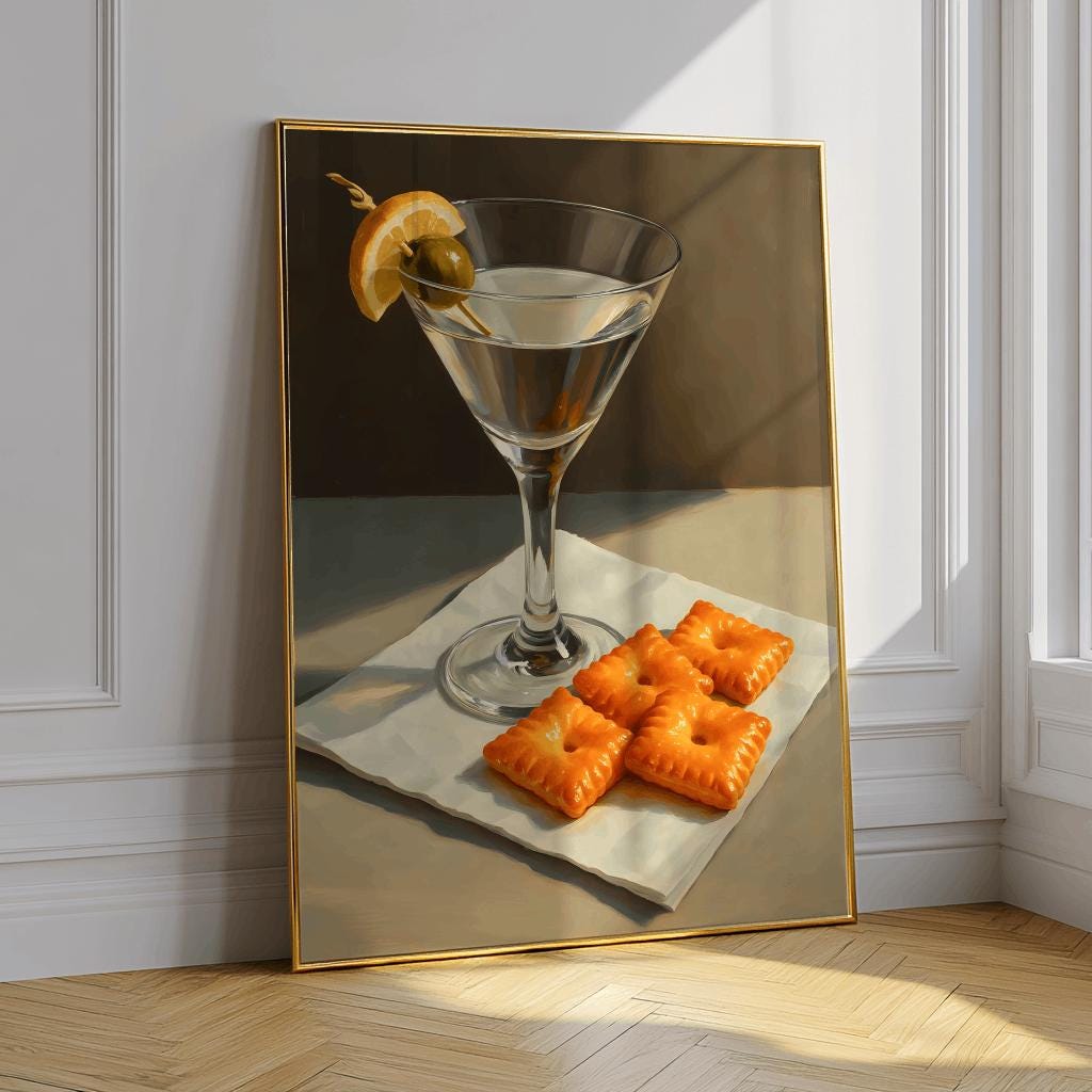 Martini and Cheese Crackers Print Quirky Cocktail Wall Art - Digital Download