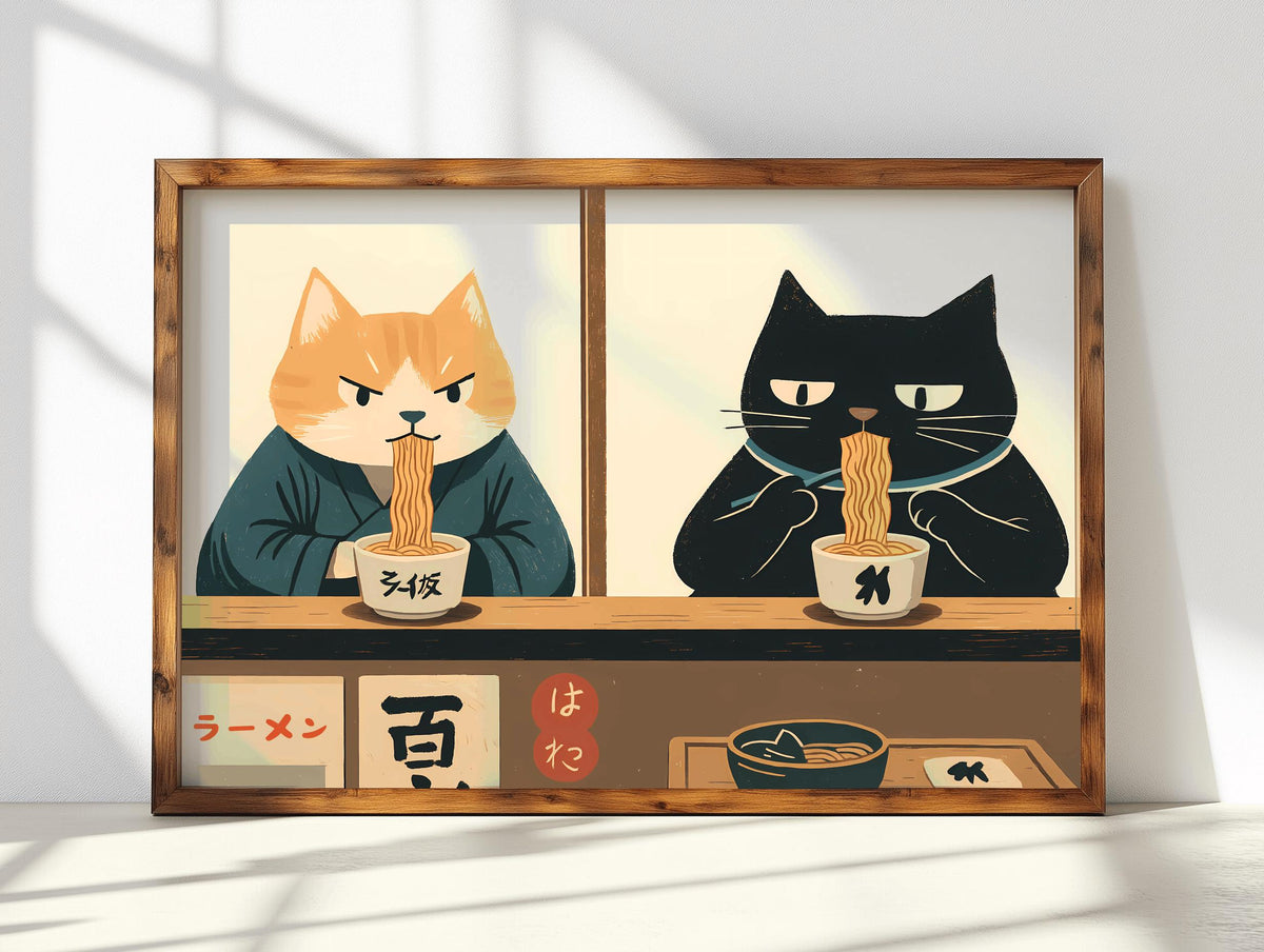 Retro Japanese Cat Ramen Poster Quirky Kitchen Wall Art - Digital Download