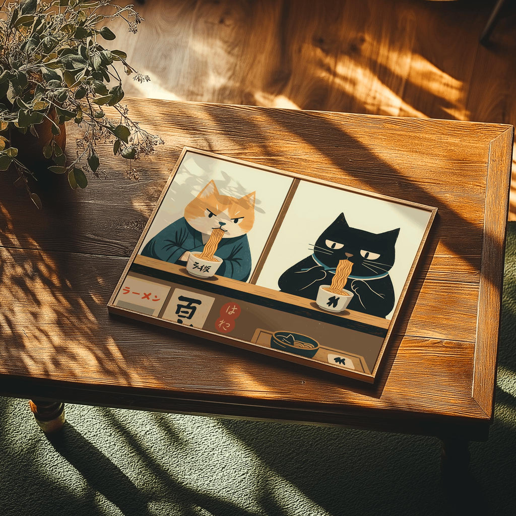 Retro Japanese Cat Ramen Poster Quirky Kitchen Wall Art - Digital Download