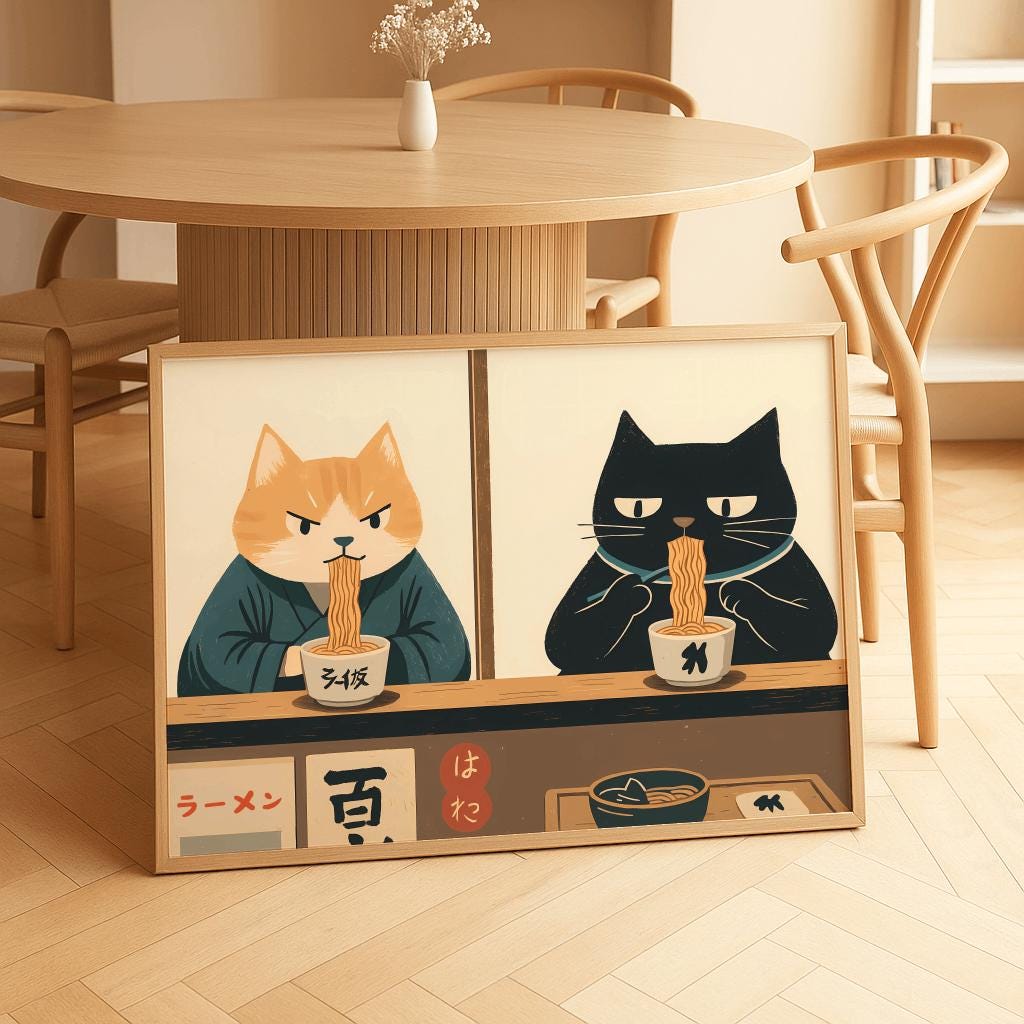 Retro Japanese Cat Ramen Poster Quirky Kitchen Wall Art - Digital Download