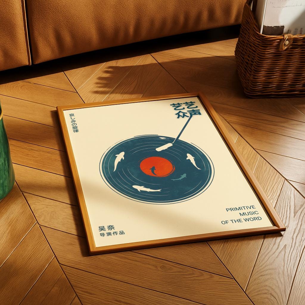 Blue Record Player Poster Japanese Koi Fish Vinyl Wall Art - Digital Download