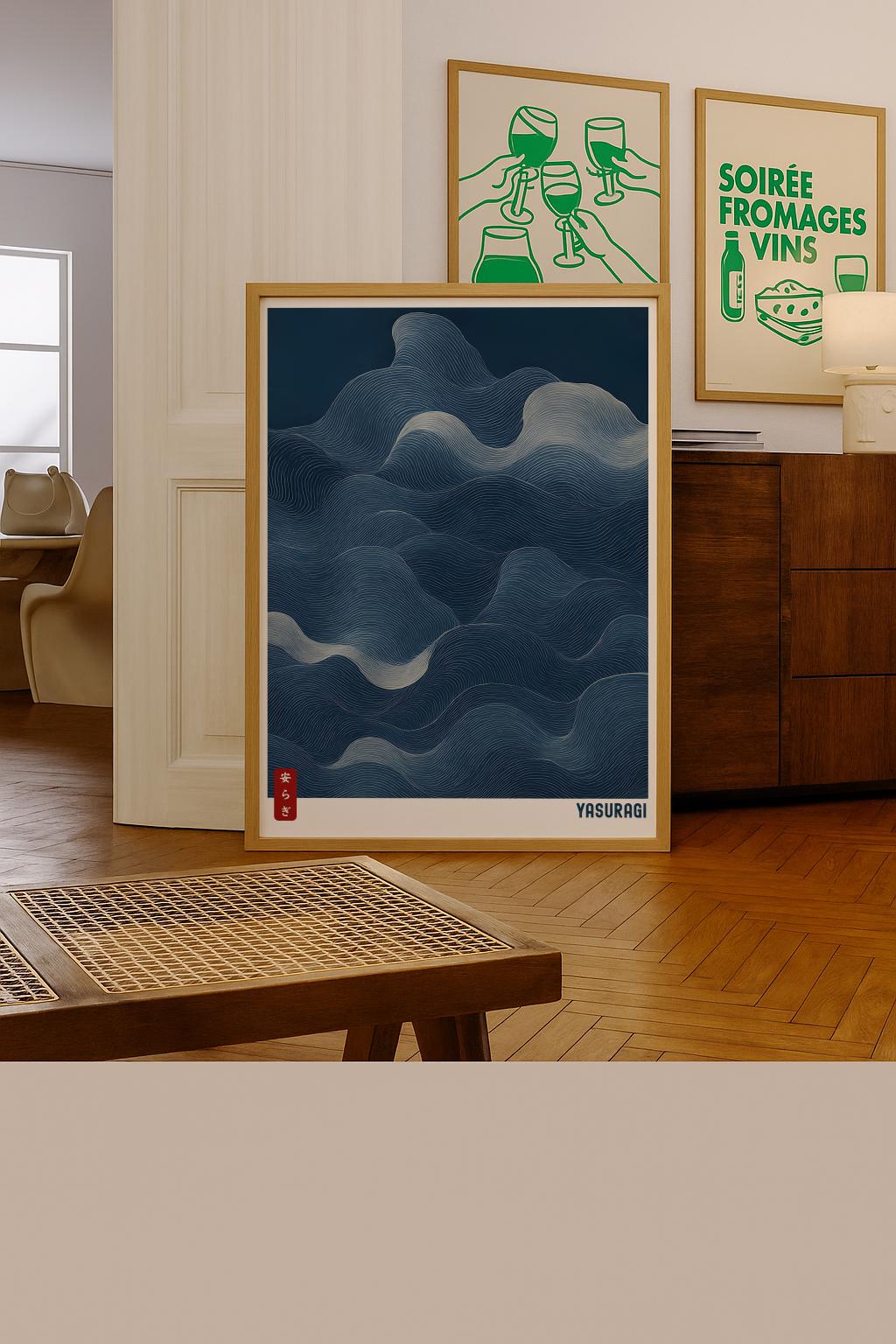 Blue Waves Japandi Art Print Japanese Wabi Sabi Poster - Digital Download