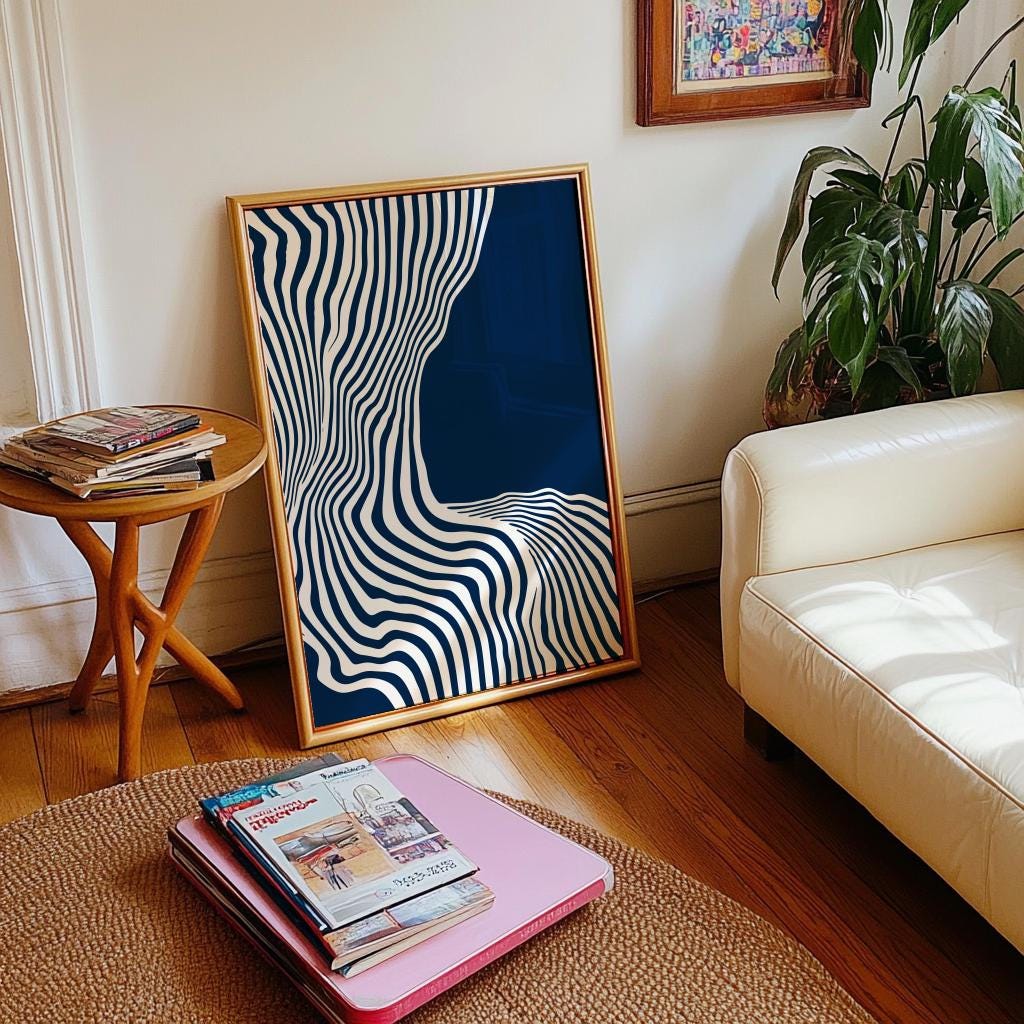 Blue Abstract Wall Art Mid Century Modern Wavy Line Print - Digital Download