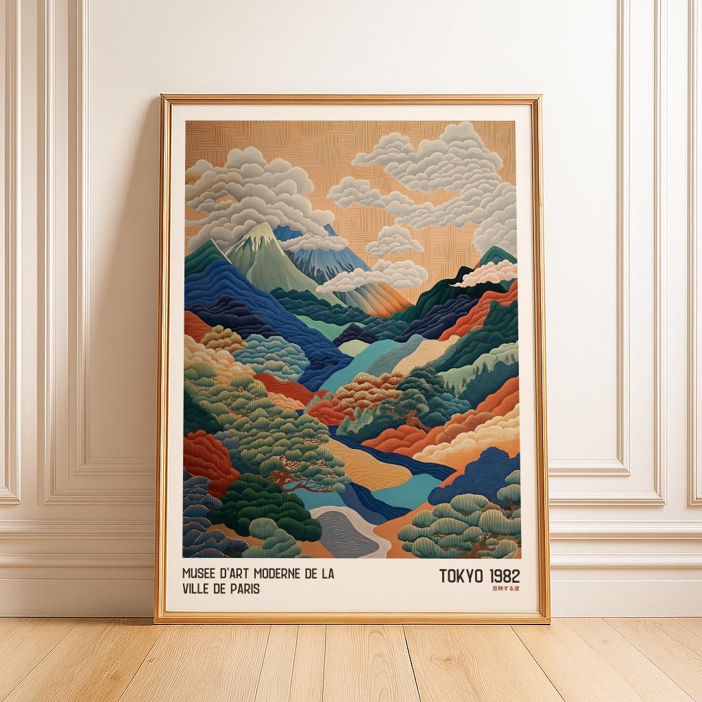 Japanese Mountain Art Print Abstract Polka Dot Landscape - Digital Download