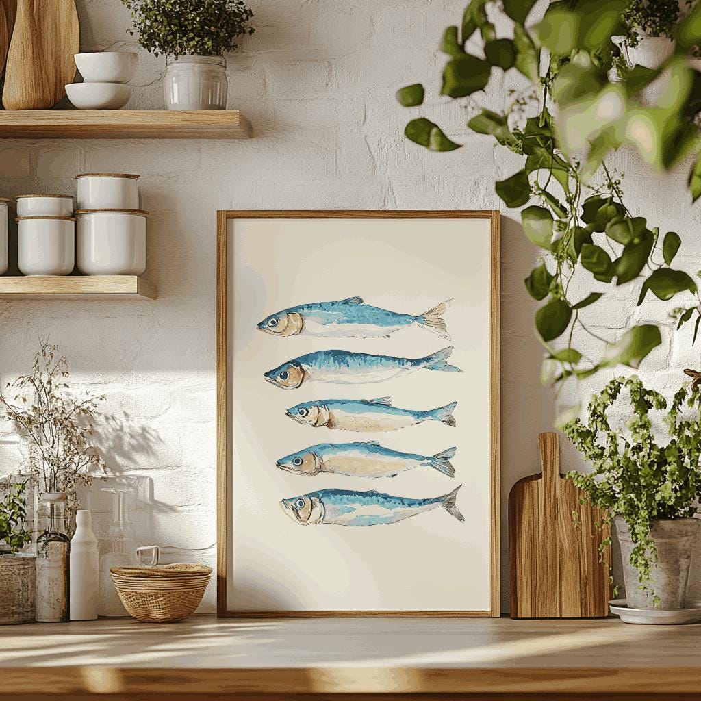 Sardines Poster Vintage Tin Retro Fish Kitchen Wall Art - Digital Download