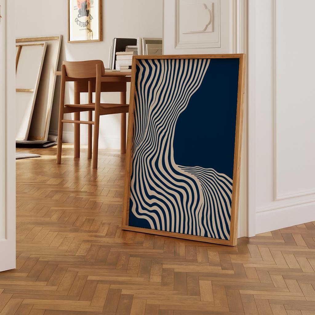 Blue Abstract Wall Art Mid Century Modern Wavy Line Print - Digital Download