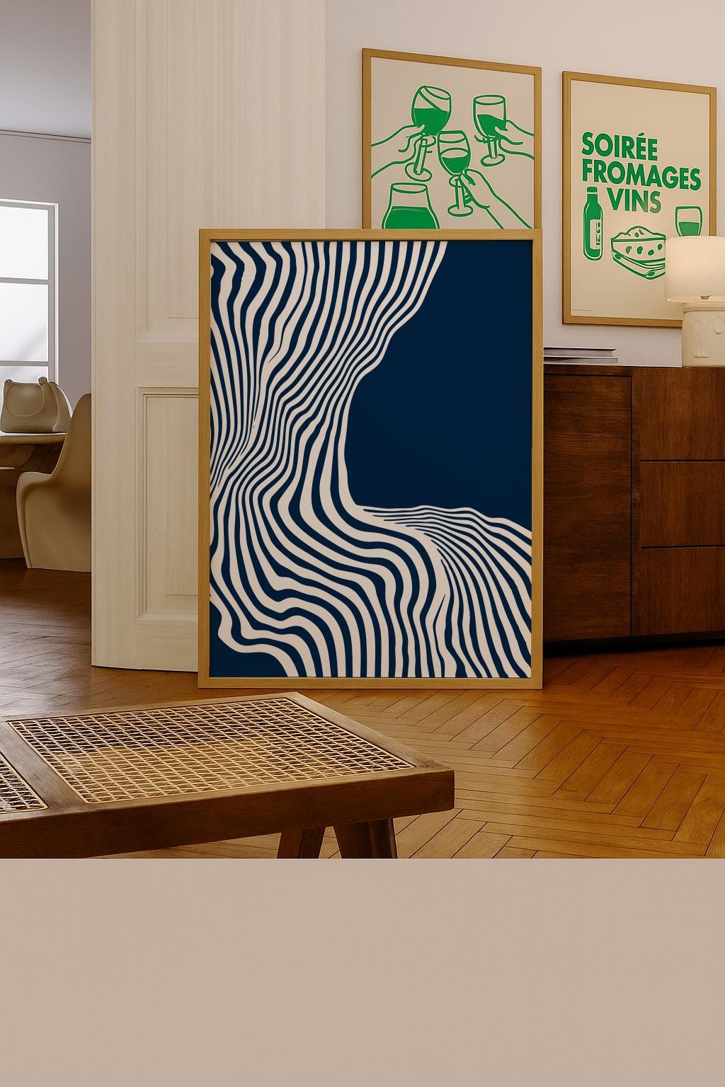 Blue Abstract Wall Art Mid Century Modern Wavy Line Print - Digital Download