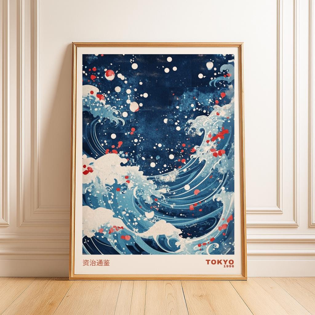 Blue Waves Japandi Wall Art Japanese Poster - Digital Download