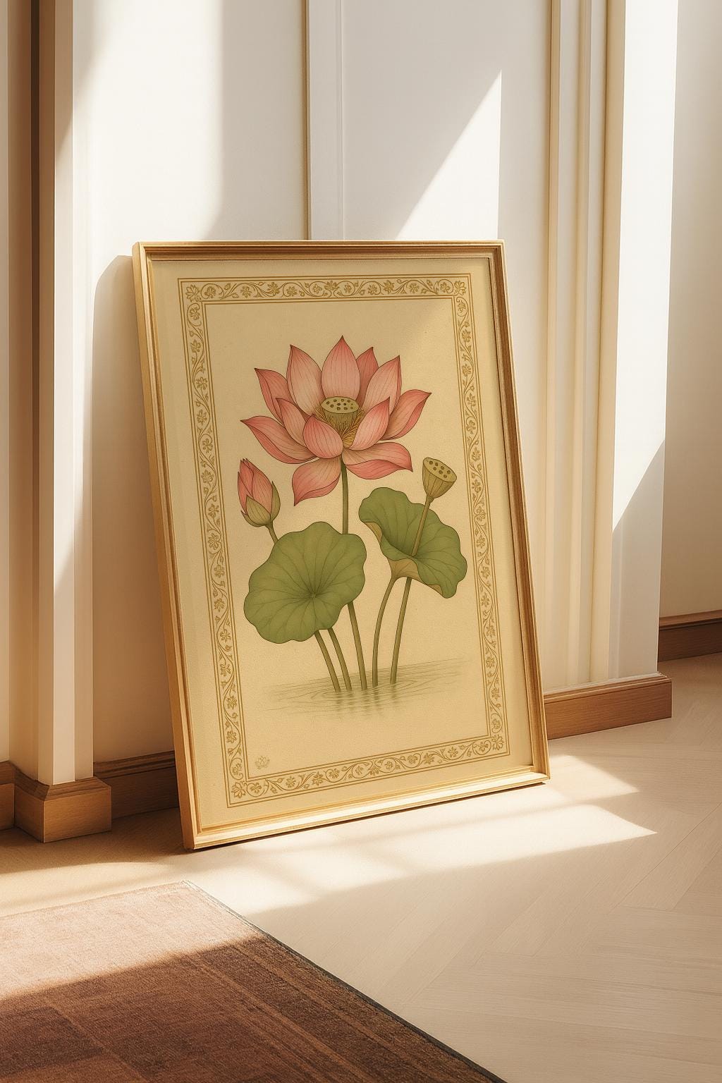 Pink Lotus Art Print Vintage Indian Botanical Wall Art - Digital Download