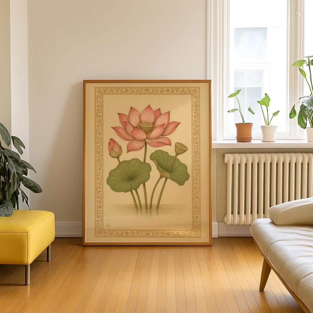 Pink Lotus Art Print Vintage Indian Botanical Wall Art - Digital Download