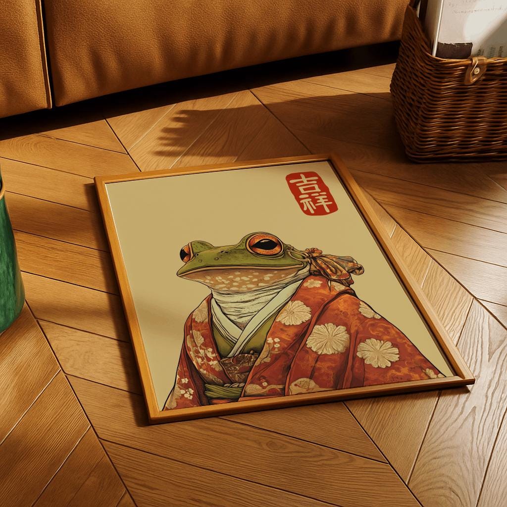 Japanese Frog Poster in Kimono Vintage Animal Wall Art - Digital Download