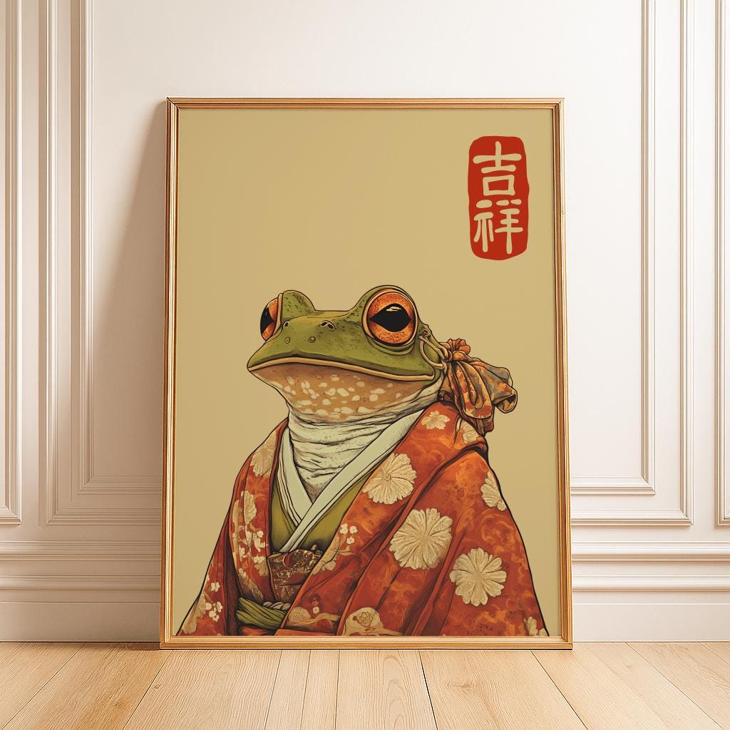 Japanese Frog Poster in Kimono Vintage Animal Wall Art - Digital Download