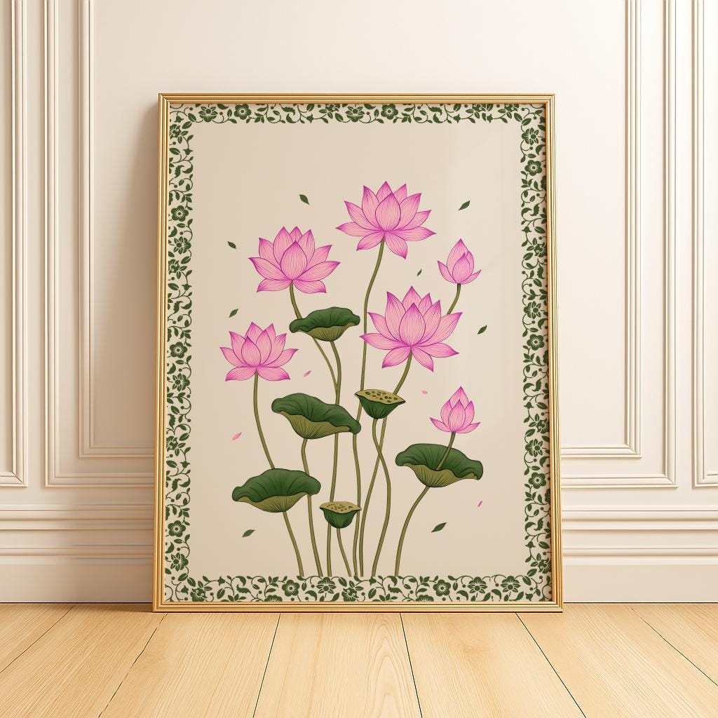 Vintage Pink Lotus Flower Art Print Indian Botanical Wall Art - Digital Download