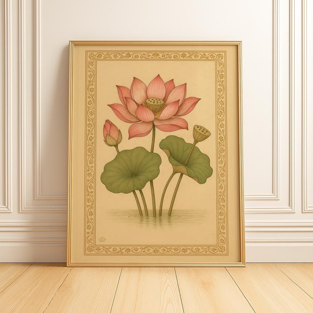 Pink Lotus Art Print Vintage Indian Botanical Wall Art - Digital Download
