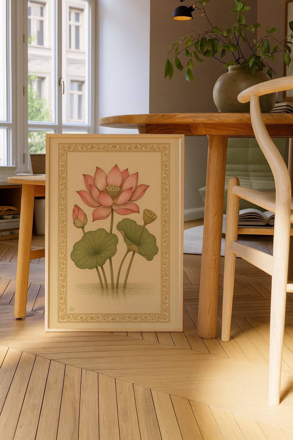 Pink Lotus Art Print Vintage Indian Botanical Wall Art - Digital Download
