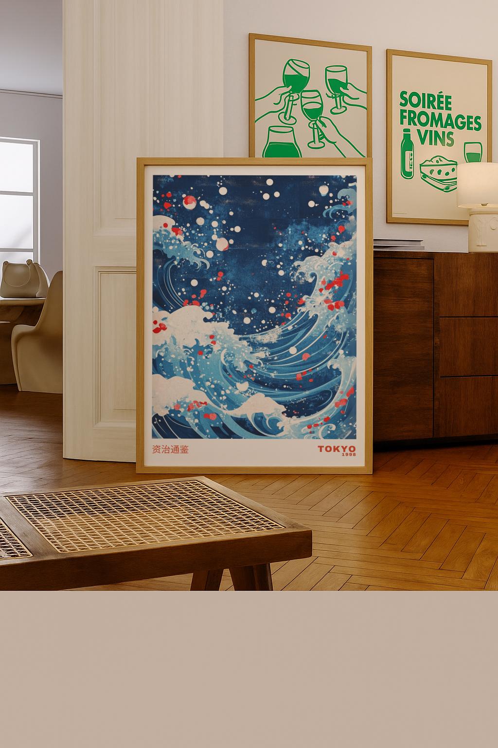 Blue Waves Japandi Wall Art Japanese Poster - Digital Download