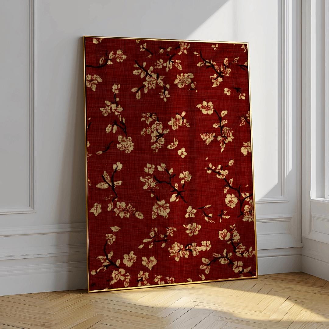 Burgundy Floral Poster Dark Red Beige Tapestry Wall Art - Digital Download