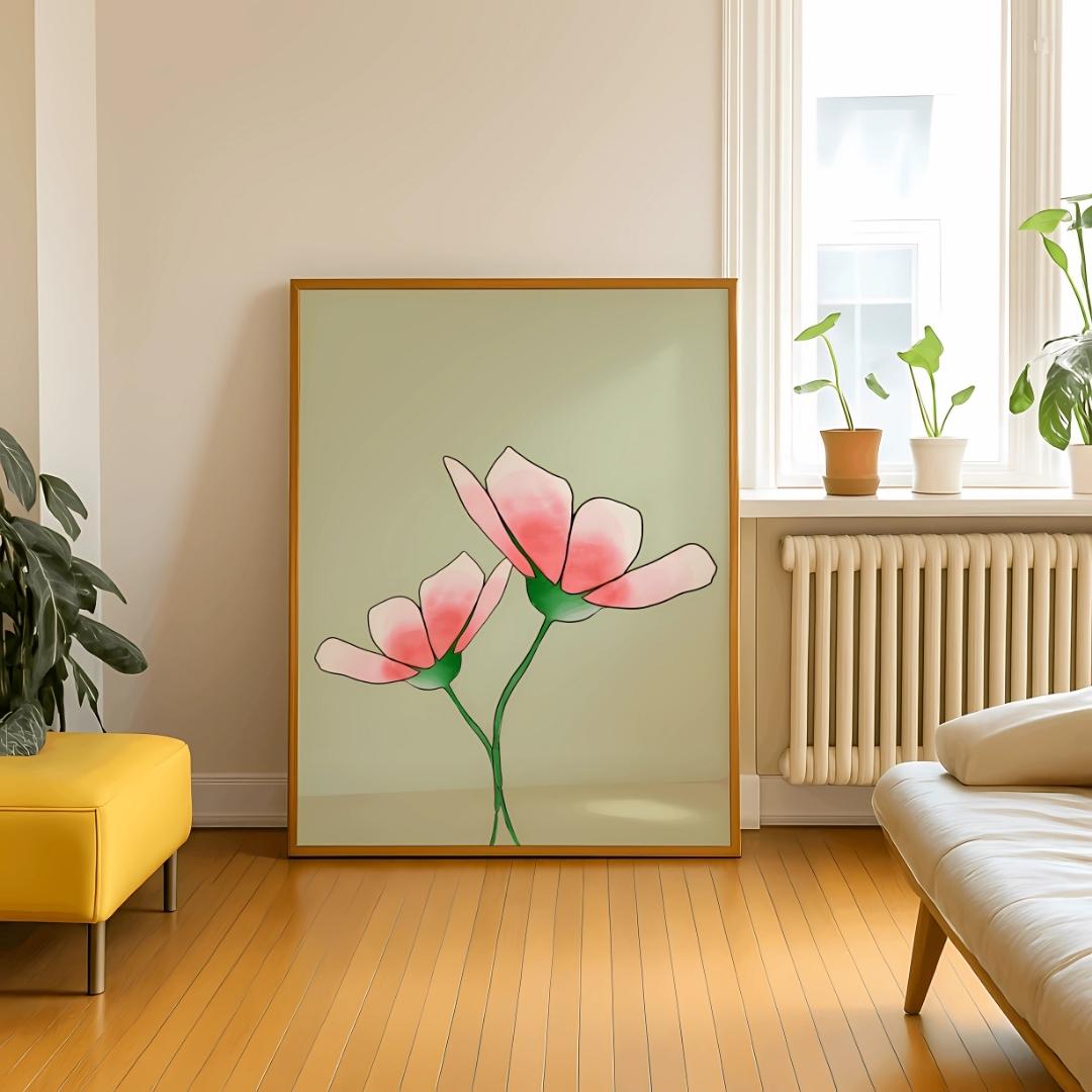 Minimalist Pink Floral Wall Art Abstract Botanical Poster - Digital Download